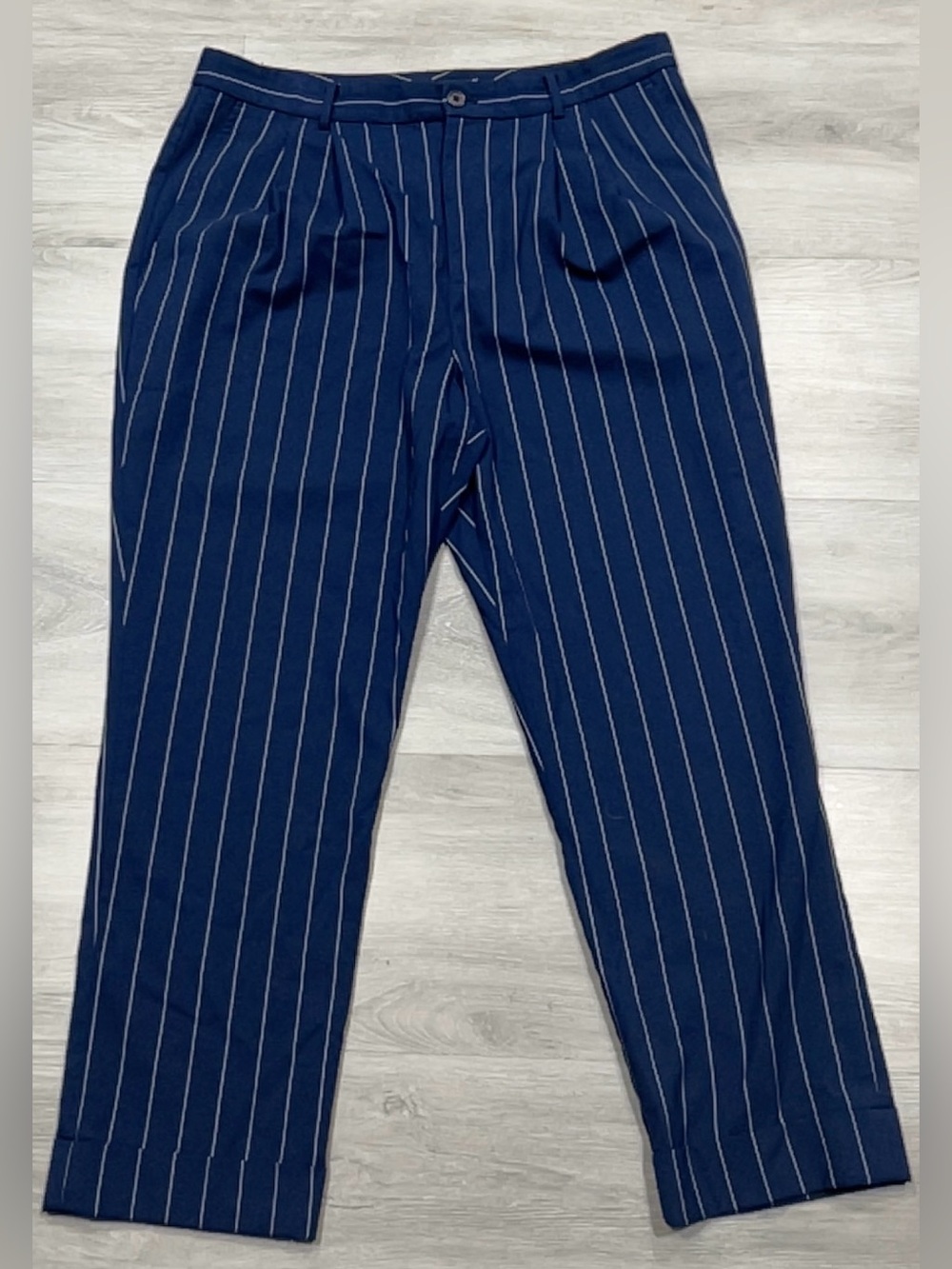 Lauren Ralph Lauren Women's Blue Pinstripe Wool Blend Pleated Trousers Size 14